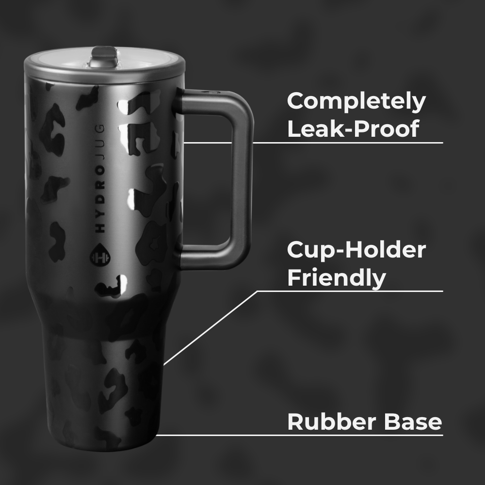 Black Leopard Traveler 32oz Features – Leak-Proof, Cup-Holder Fit, Rubber Base