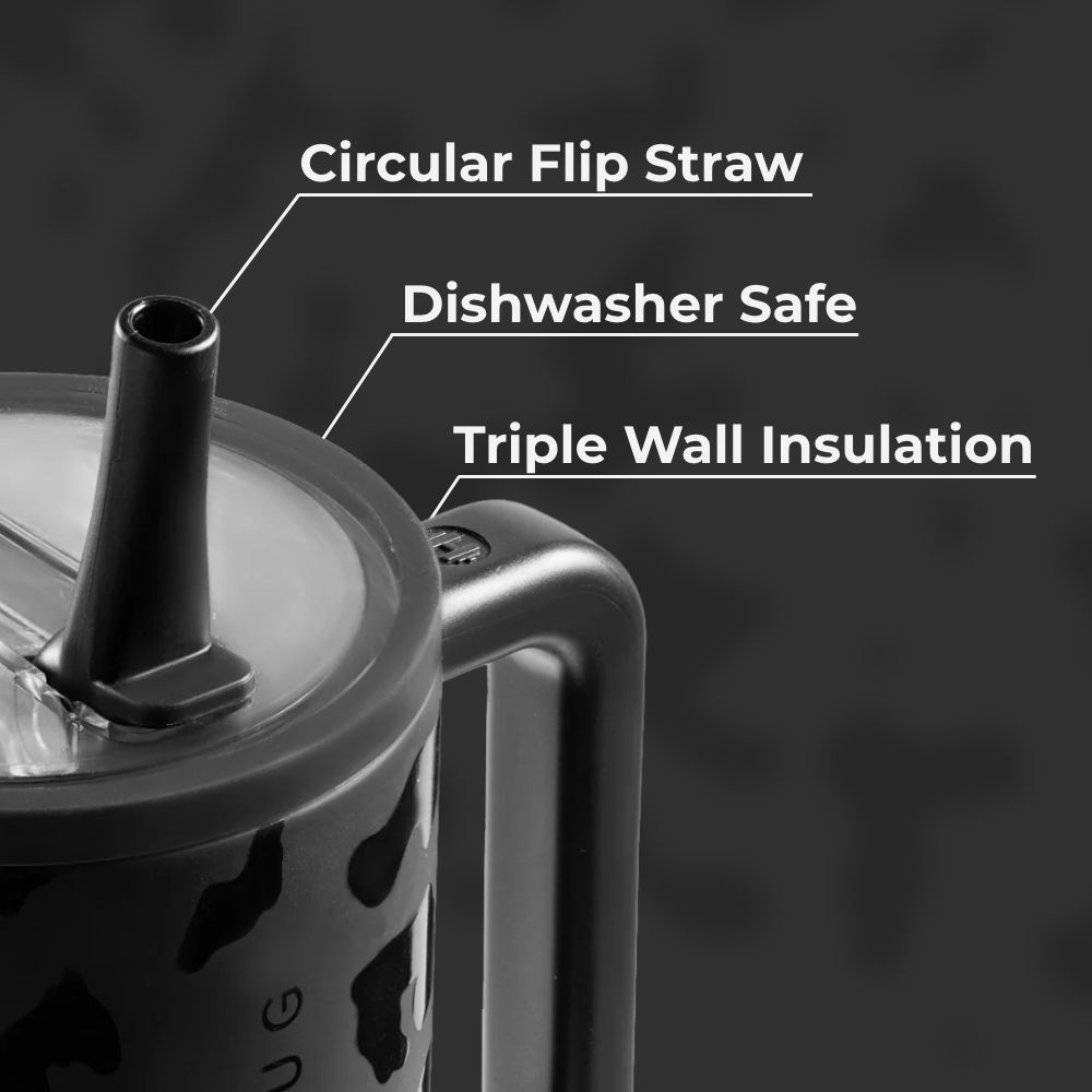 Black Leopard Traveler 32oz Features – Flip Straw, Dishwasher Safe, Triple Wall Insulated