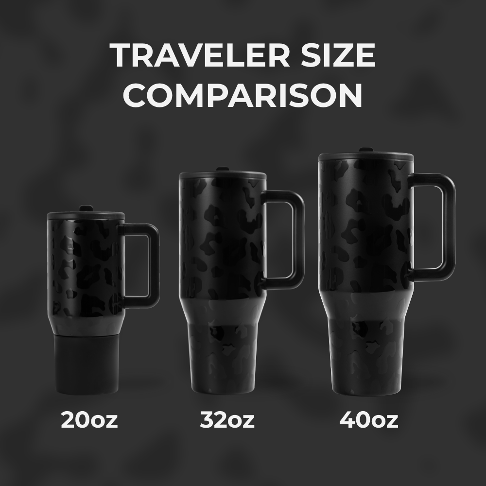 Black Leopard Traveler Size Comparison – 20oz, 32oz, 40oz