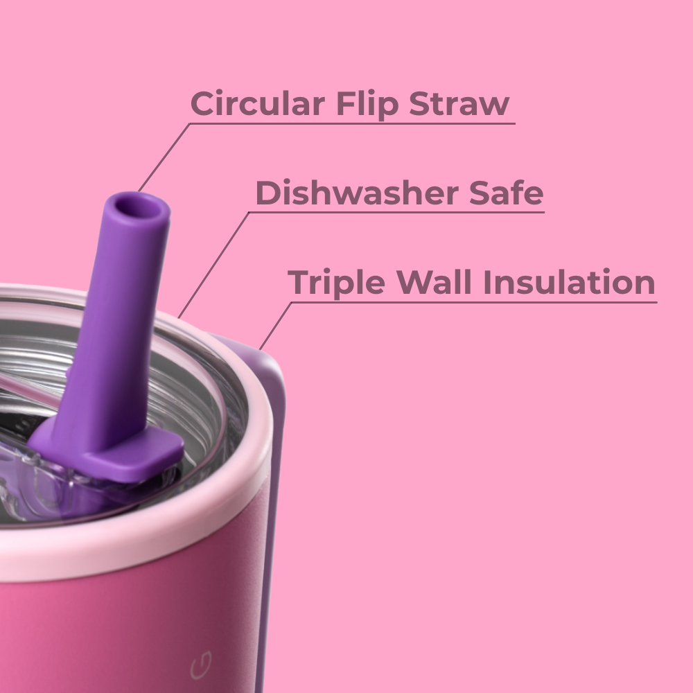 Pink Sugar Traveler 32oz Features – Flip Straw, Dishwasher Safe, Triple Wall Insulated