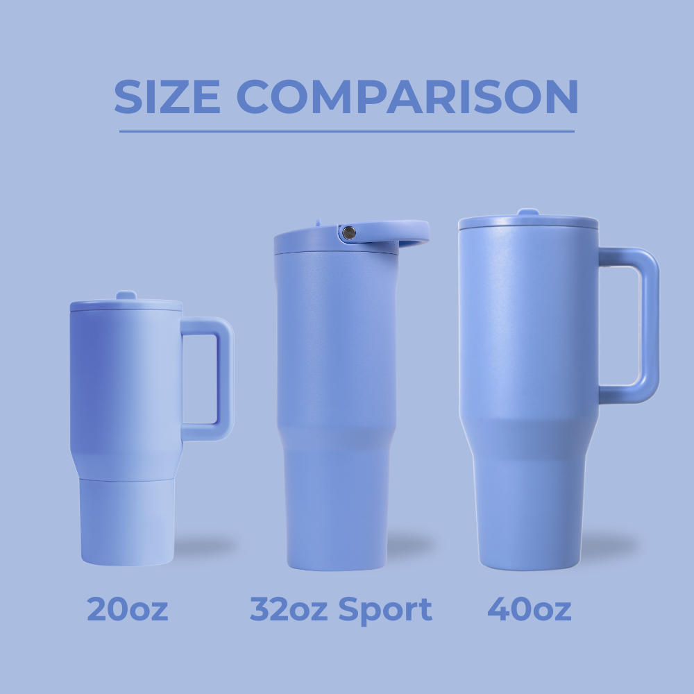 HydroJug Size Comparison – 20oz, 32oz Sport, and 40oz Bottles in Light Blue
