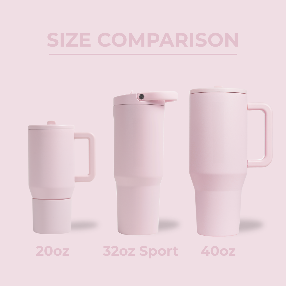 HydroJug Size Comparison – 20oz, 32oz Sport, and 40oz Bottles in Pink Sand