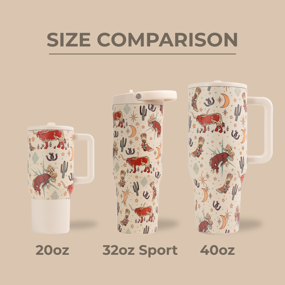 HydroJug Size Comparison – 20oz, 32oz Sport, and 40oz Bottles in Rodeo