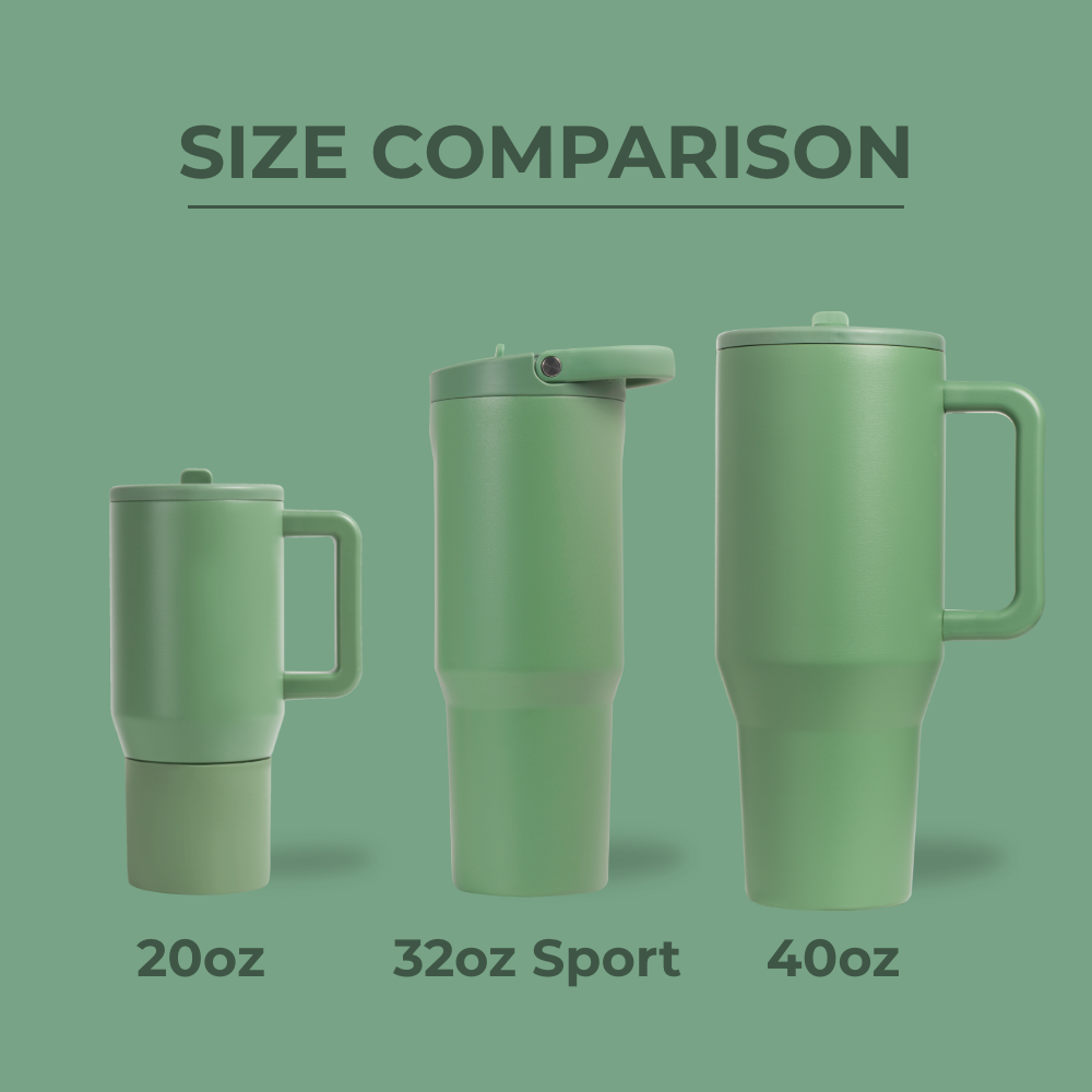 HydroJug Size Comparison – 20oz, 32oz Sport, and 40oz Bottles in Sage