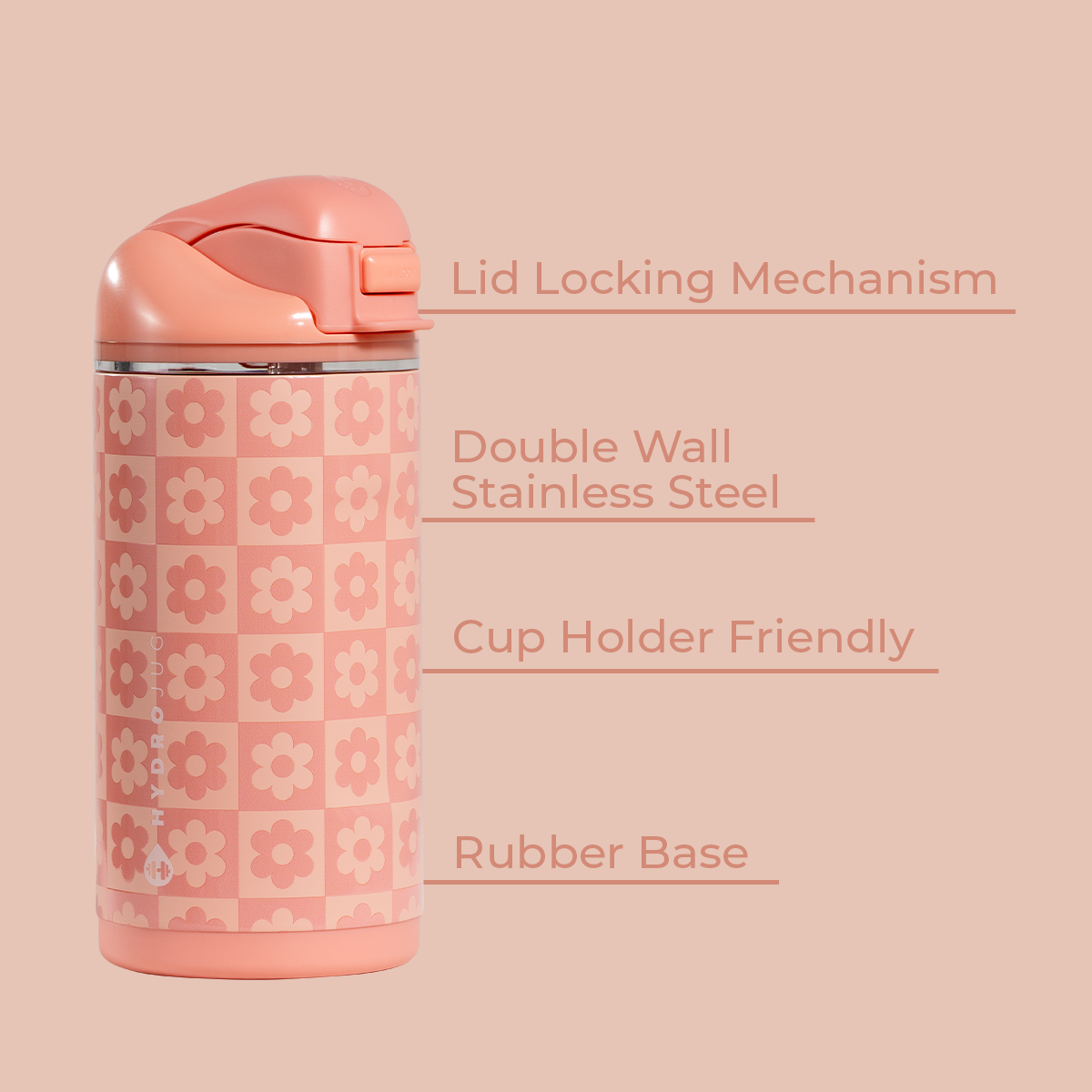 Daisy Checkers 14oz Ease2o Features: Locking Lid, Stainless Steel, Rubber Base