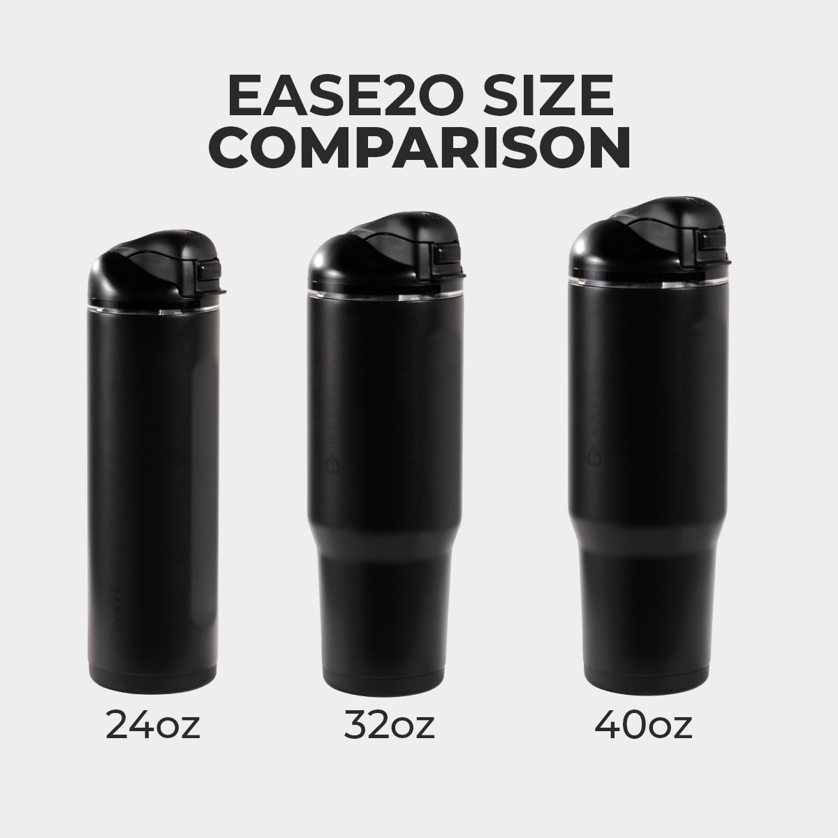 Black HydroJug Ease2o Size Comparison: 24oz, 32oz, 40oz