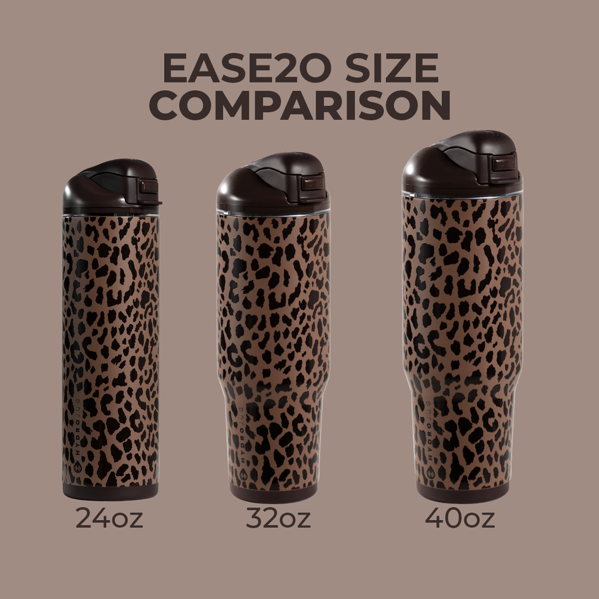 Brown Leopard HydroJug Ease2o Size Comparison: 24oz, 32oz, 40oz