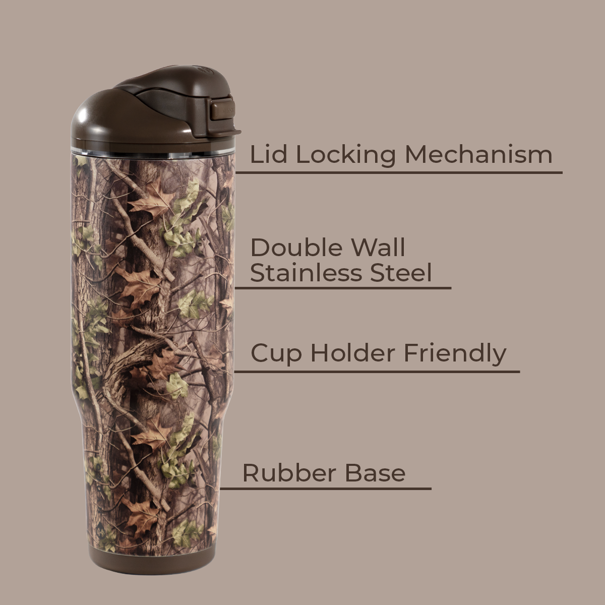 Woodland 32oz Ease2o Features: Locking Lid, Stainless Steel, Rubber Base