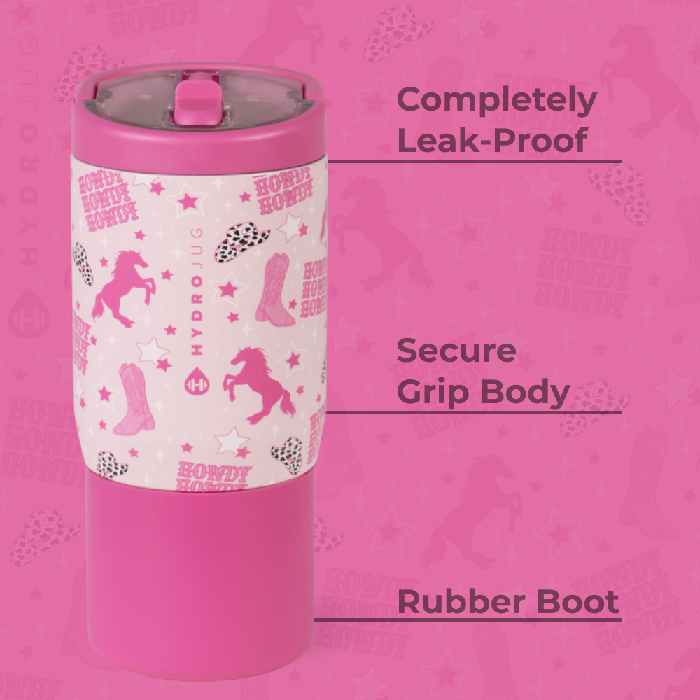 Cowgirl Sport Bottle 14oz Features – Leak-Proof, Grip Body, Rubber Boot