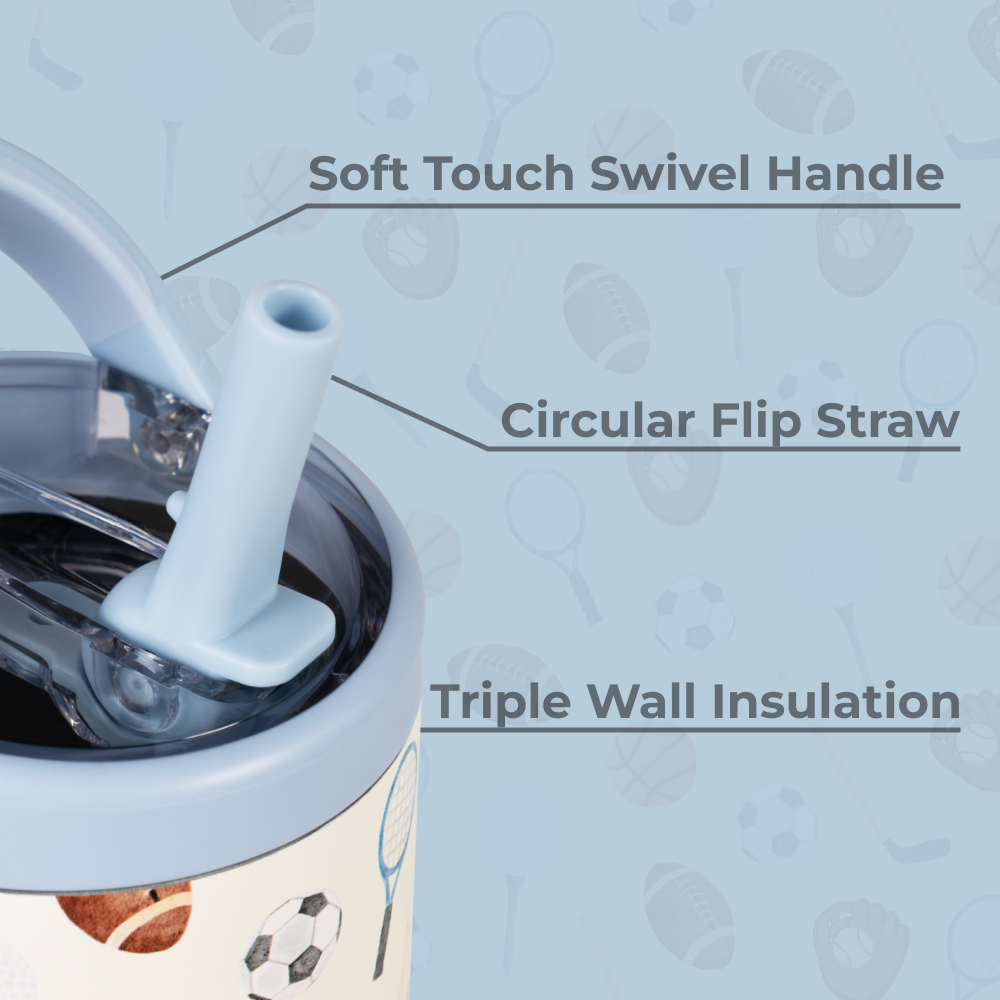 Sports Bottle 14oz Features – Swivel Handle, Flip Straw, Triple Wall Insulated