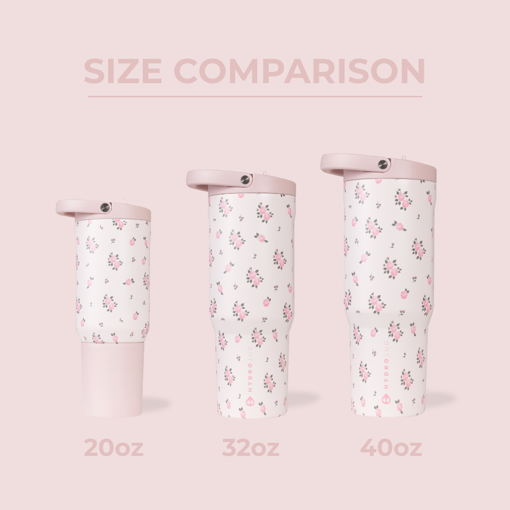 HydroJug Size Comparison – 20oz, 32oz Sport, and 40oz Bottles in Wildrose