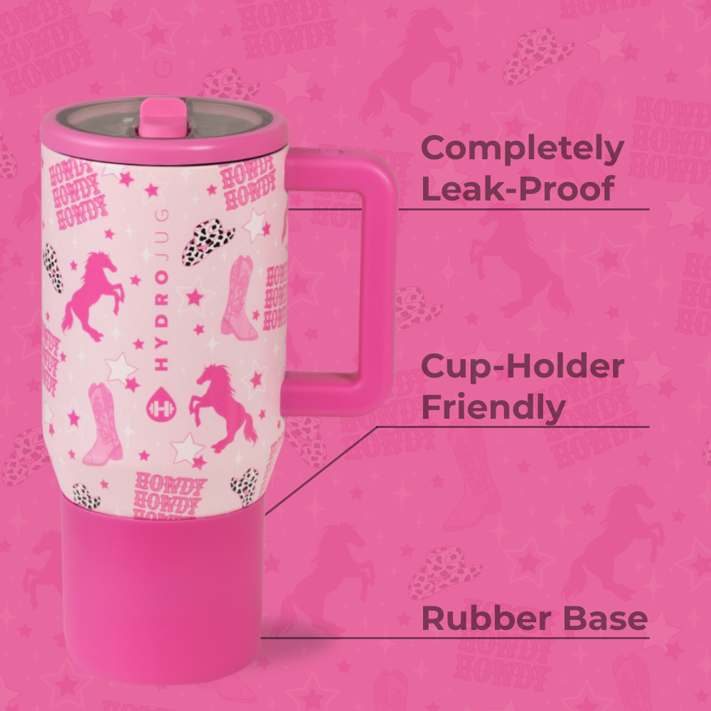 Cowgirl Traveler 20oz Features – Leak-Proof, Cup-Holder Fit, Rubber Base