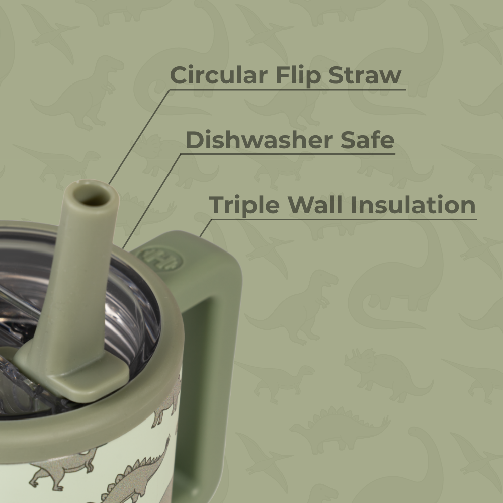 Dinosaur Traveler 20oz Features – Flip Straw, Dishwasher Safe, Triple Wall Insulated