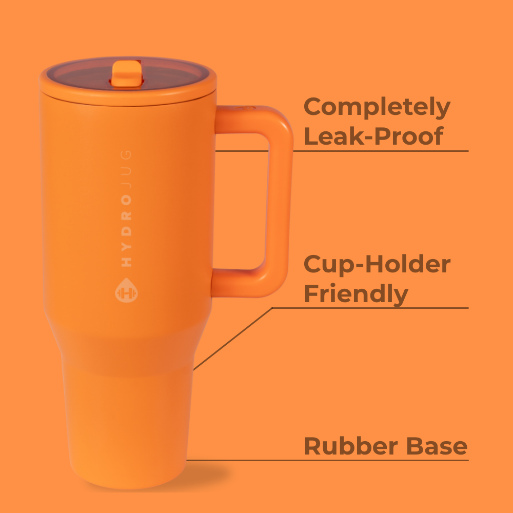 Tangerine Traveler 32oz Features – Leak-Proof, Cup-Holder Fit, Rubber Base