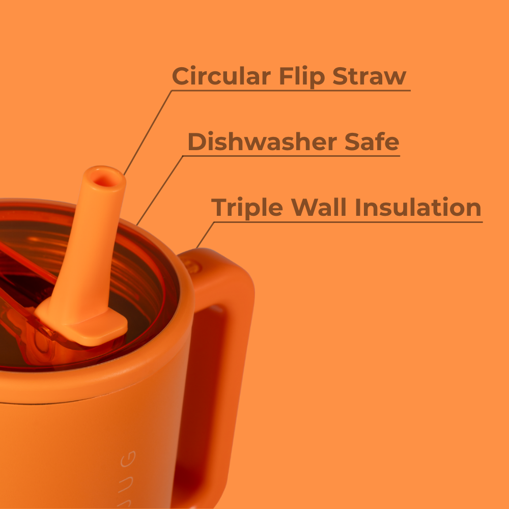 Tangerine Traveler 32oz Features – Flip Straw, Dishwasher Safe, Triple Wall Insulated