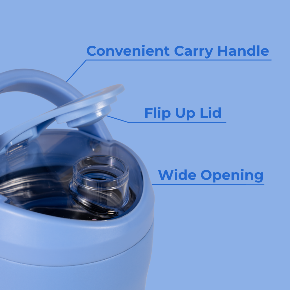 Light Blue Insulated Shaker 24oz Features – Carry Handle, Flip Lid, Wide Opening
