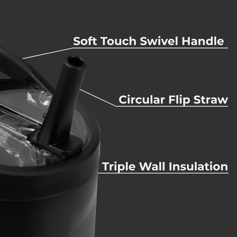 Black Sport Bottle 20oz Features – Swivel Handle, Flip Straw, Triple Wall Insulated