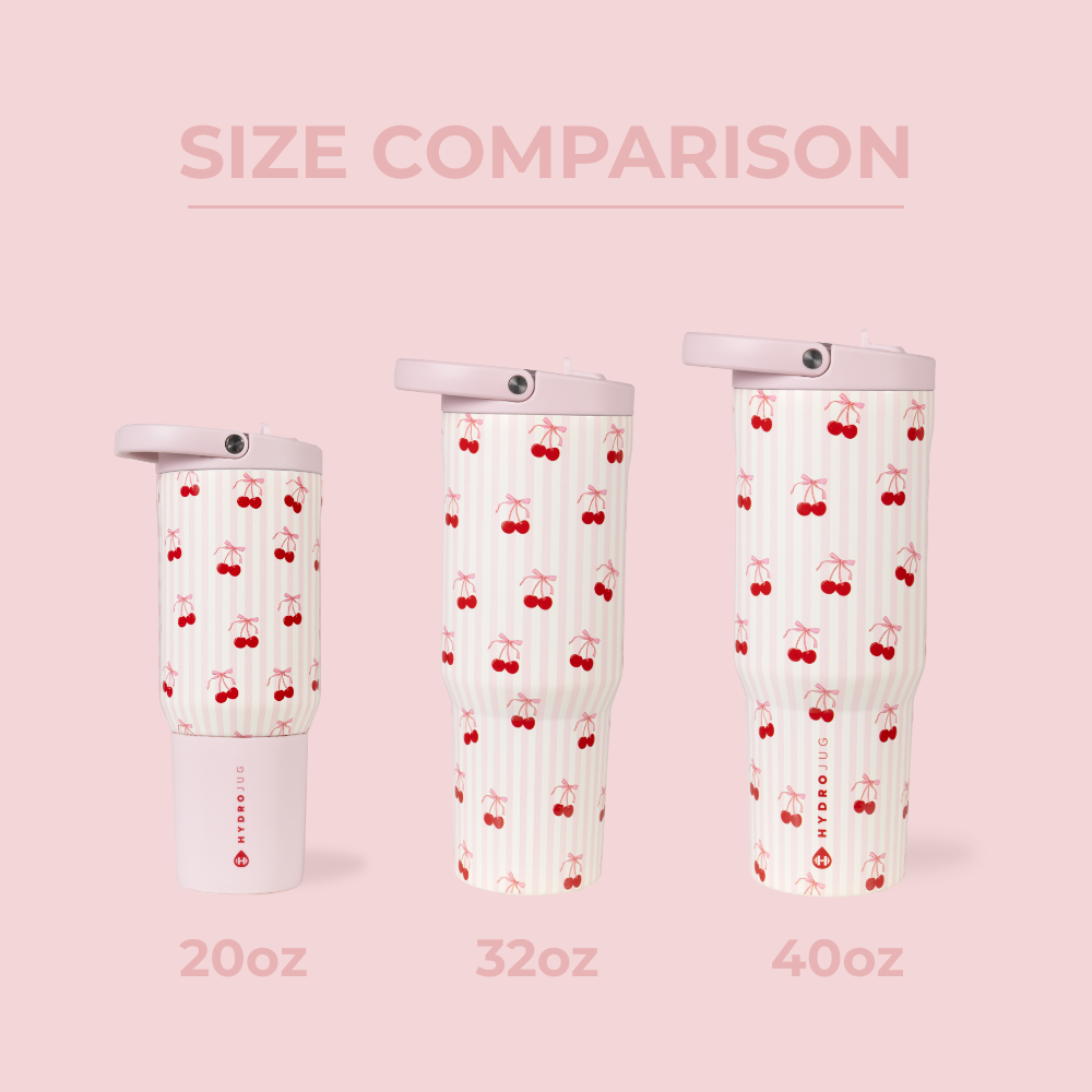HydroJug Size Comparison – 20oz, 32oz Sport, and 40oz Bottles in Sweet Cherry
