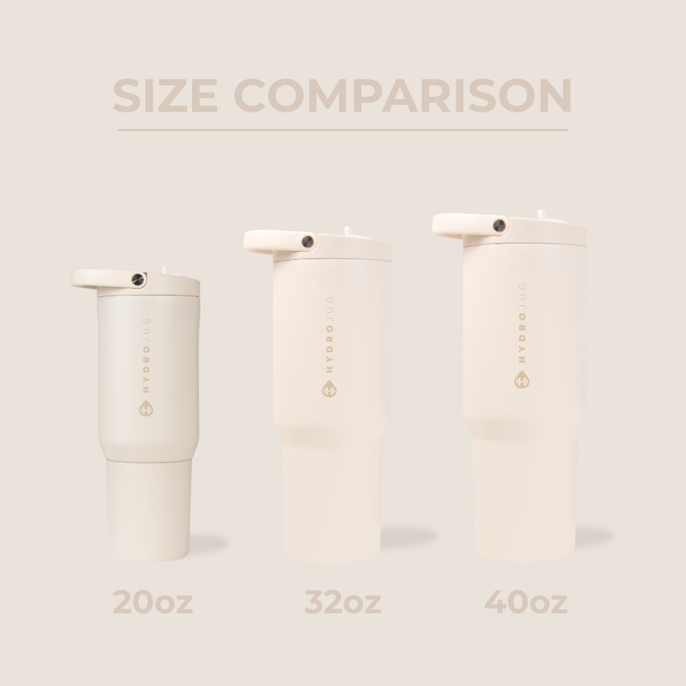 HydroJug Size Comparison – 20oz, 32oz, and 40oz Bottles in Cream