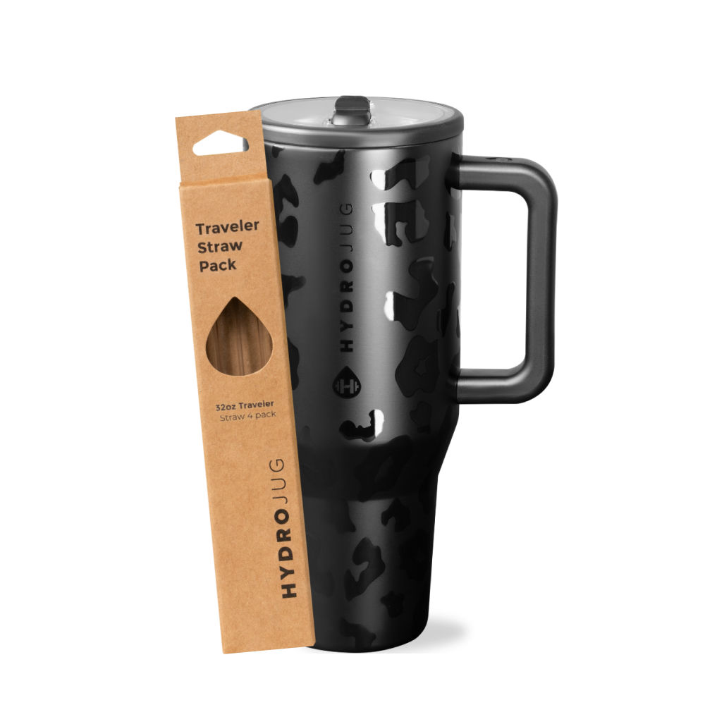 Black Leopard Traveler 32oz + Replacement Straw Pack