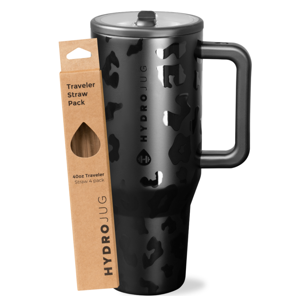 Black Leopard Traveler 40oz + Replacement Straw Pack