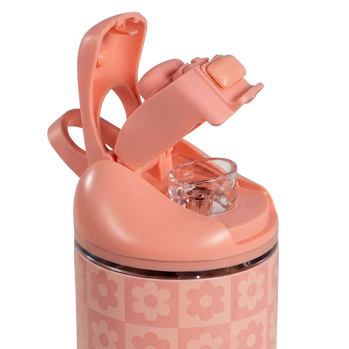 Close-up of HydroJug Ease2o Straw and Chug Lid in Daisy Checkers 14oz