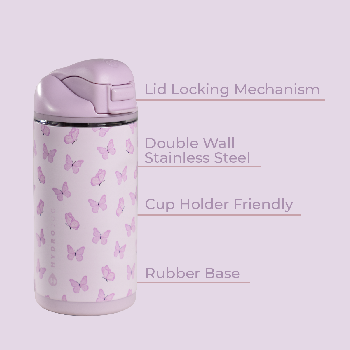 Flutter 14oz Ease2o Features: Locking Lid, Stainless Steel, Rubber Base