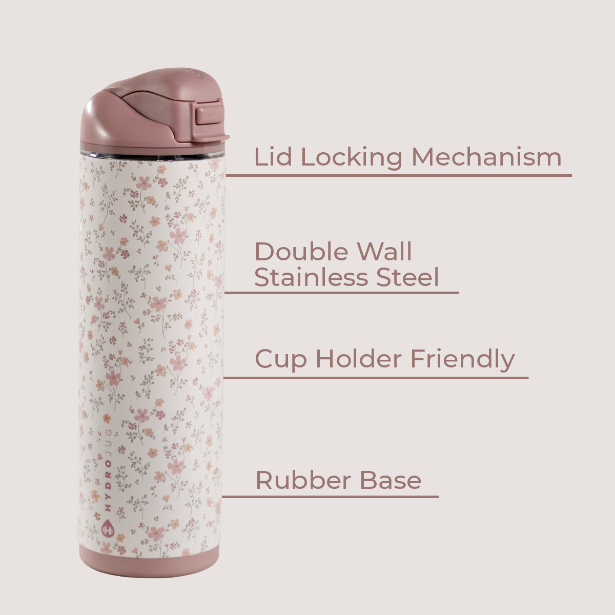 Magnolia 24oz Ease2o Features: Locking Lid, Stainless Steel, Rubber Base