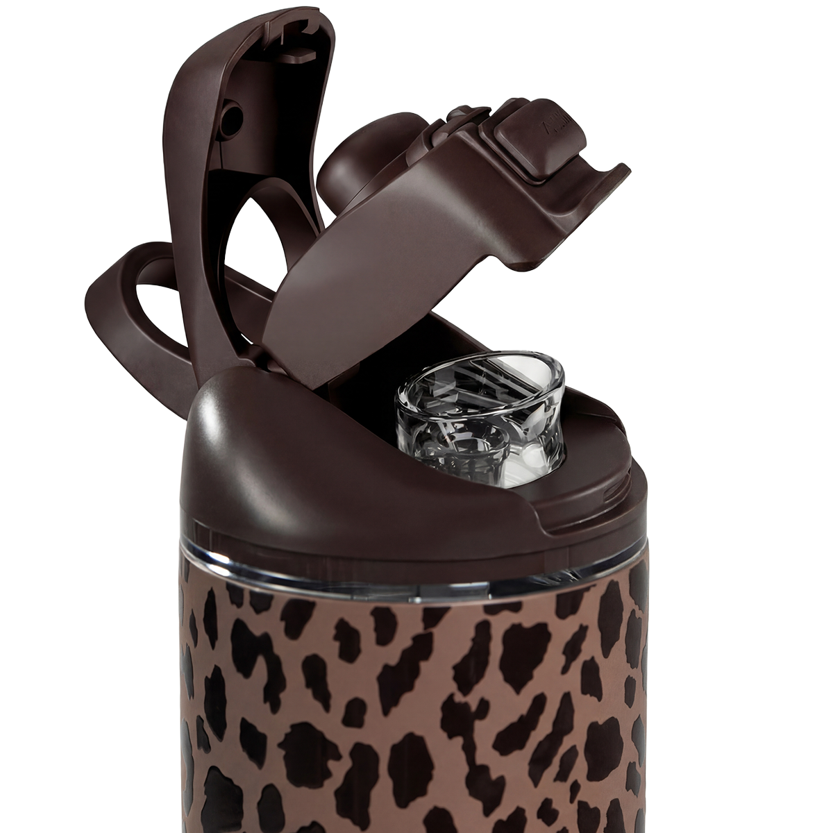 Close-up of HydroJug Ease2o Straw and Chug Lid in Brown Leopard 32oz