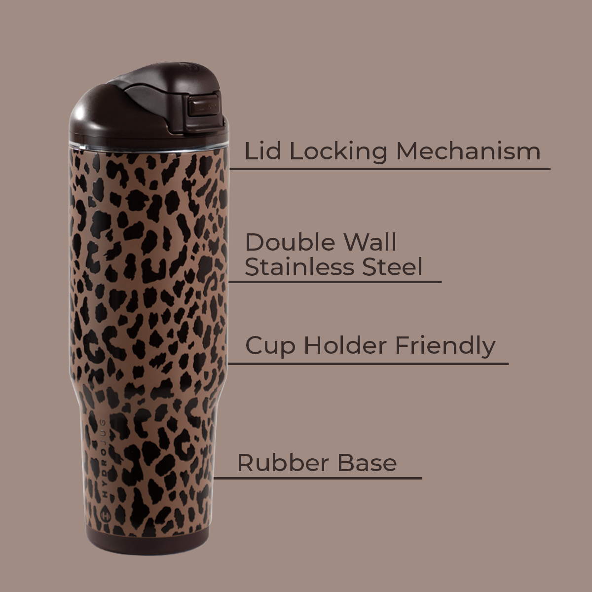 Brown Leopard 32oz Ease2o Features: Locking Lid, Stainless Steel, Rubber Base