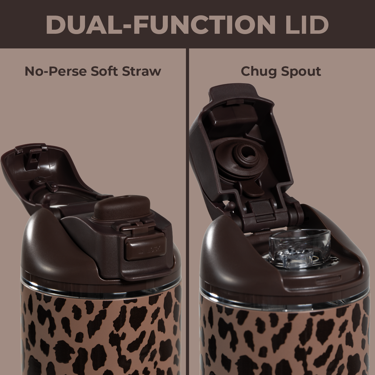 Brown Leopard 32oz Ease2o Lid: Soft Straw and Chug Spout Options