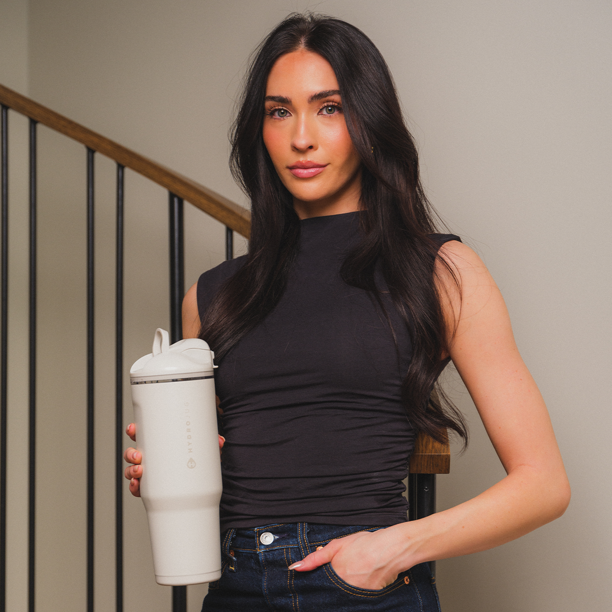 Woman Holding 32oz Linen HydroJug Ease2o