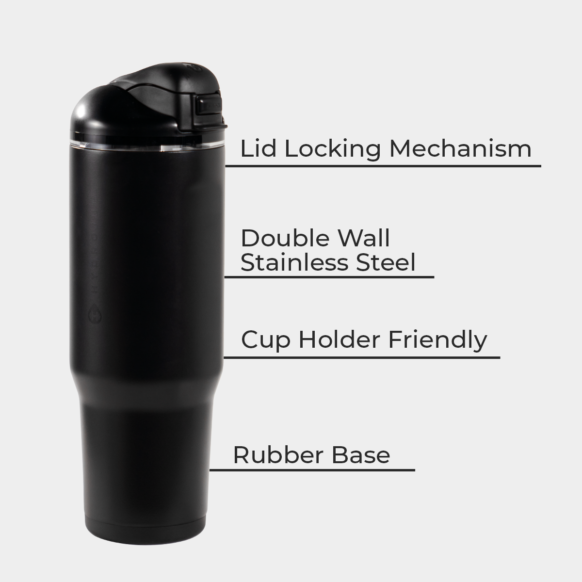 Black 40oz Ease2o Features: Locking Lid, Stainless Steel, Rubber Base